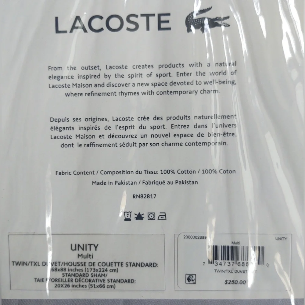 🎁Lacoste Twin/TXL Duvet Set - Unity Multi